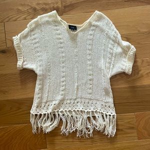 Fate Cream Crochet Short-Sleeve Top with Fringe Hem